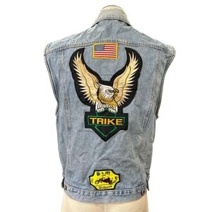 Vintage Werner Beinhart Mens Denim Biker Vest L Light Wash Trike Eagle Patches